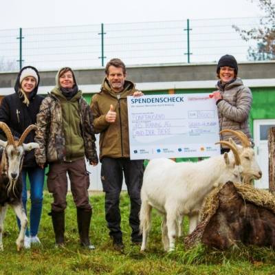 Zwei Mitarbeiterinnen der WBS-Gruppe überreichen einen Scheck über 5.000 Euro an Tanja und Jürgen vom Land der Tiere - mit dabei die Ziegen Diego, Ärnie & Bärt.