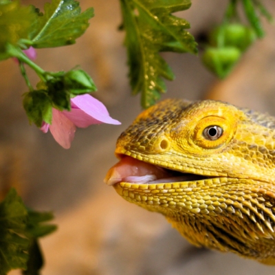 Bartagame Kaktus mit leiht geöffnetem Mund. Vor seinem Gesicht ist eine Malvenblüte.