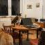 Kater Klaus steht mit den Vorderpfoten auf einem runden Tisch und schaut scheinbar auf einen Laptop.