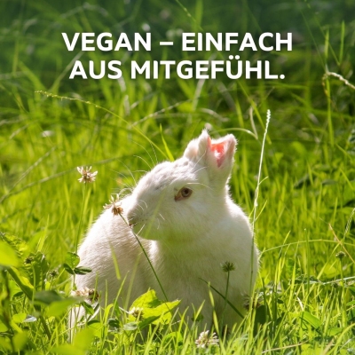 Kaninchen Einstein umgeben von Gras. Über ihr der Text "Vegan – einfach aus Mitgefühl."