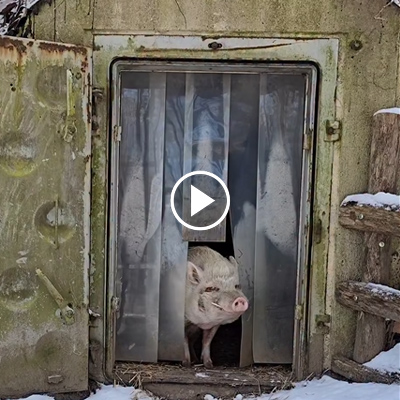 Minischwein Eddie schaut aus seinem Nachtquartier durch einen Lamellenvorhang