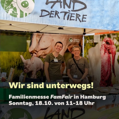 Zwei Menschen an einem Infostand. Dazu der Text "Wir sind unterwegs! Familienmesse FamFair in Hamburg; Sonnntag, 18.10. von 11-18 Uhr"